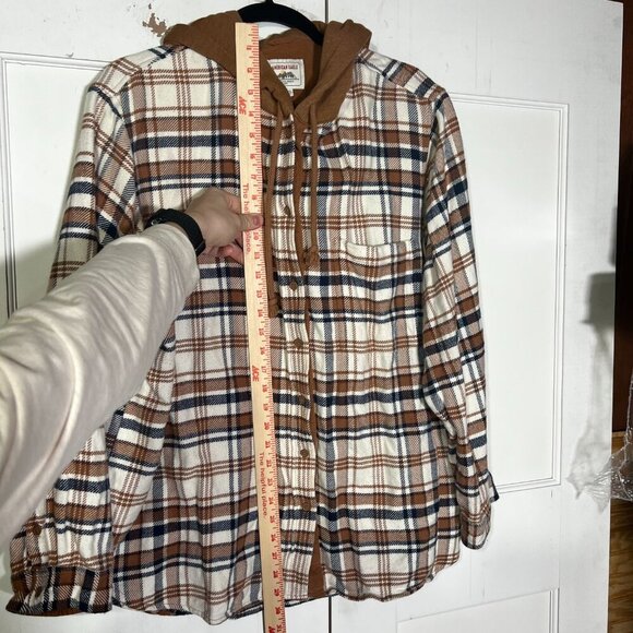 American Eagle Hooded Flannel Plaid Brown Cream Navy Fall Size XL Cozy Boyfriend - Picture 4 of 10